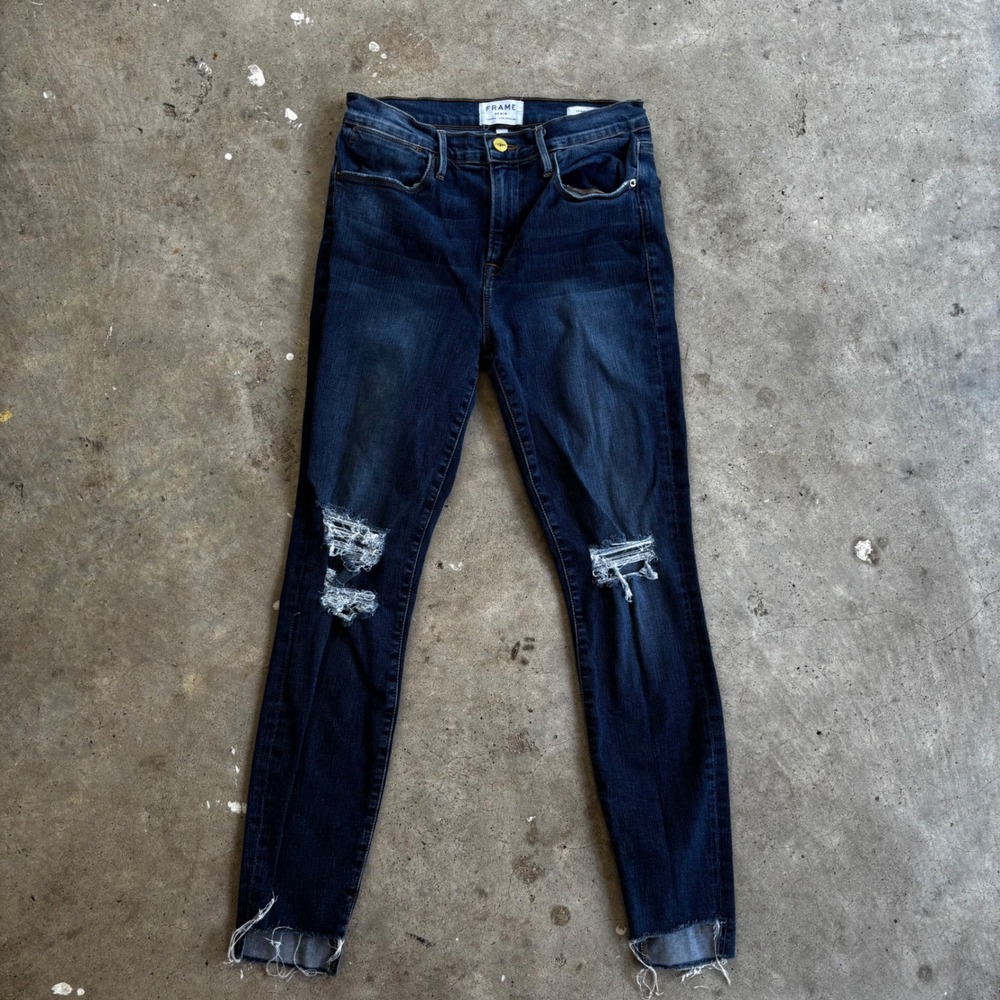 FRAME Denim Le High Skinny‎ Jeans Size 28 Dark Wash Distressed Ripped